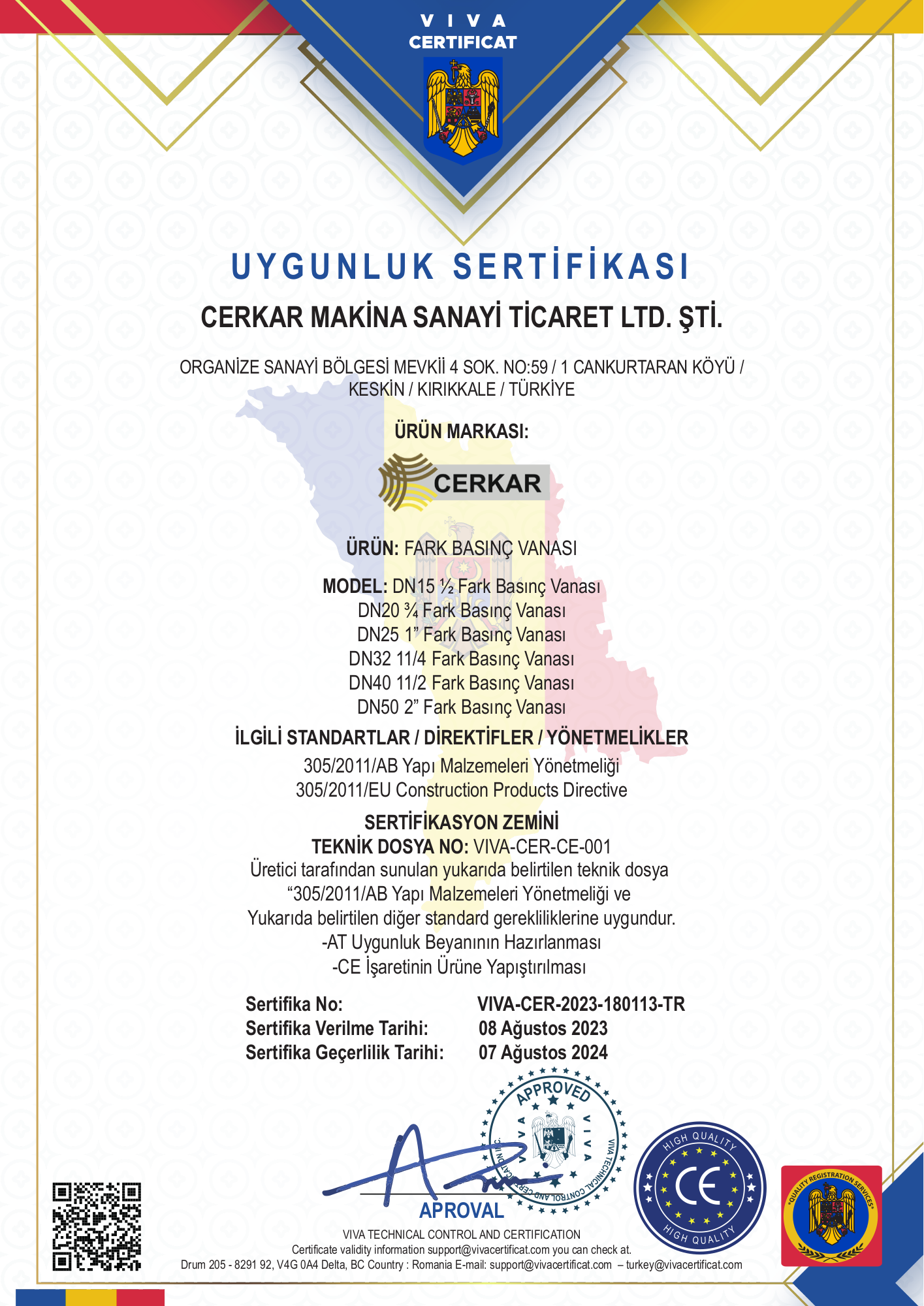 CE Uygunluk Sertifikası — VIVA-CER-2023-180113