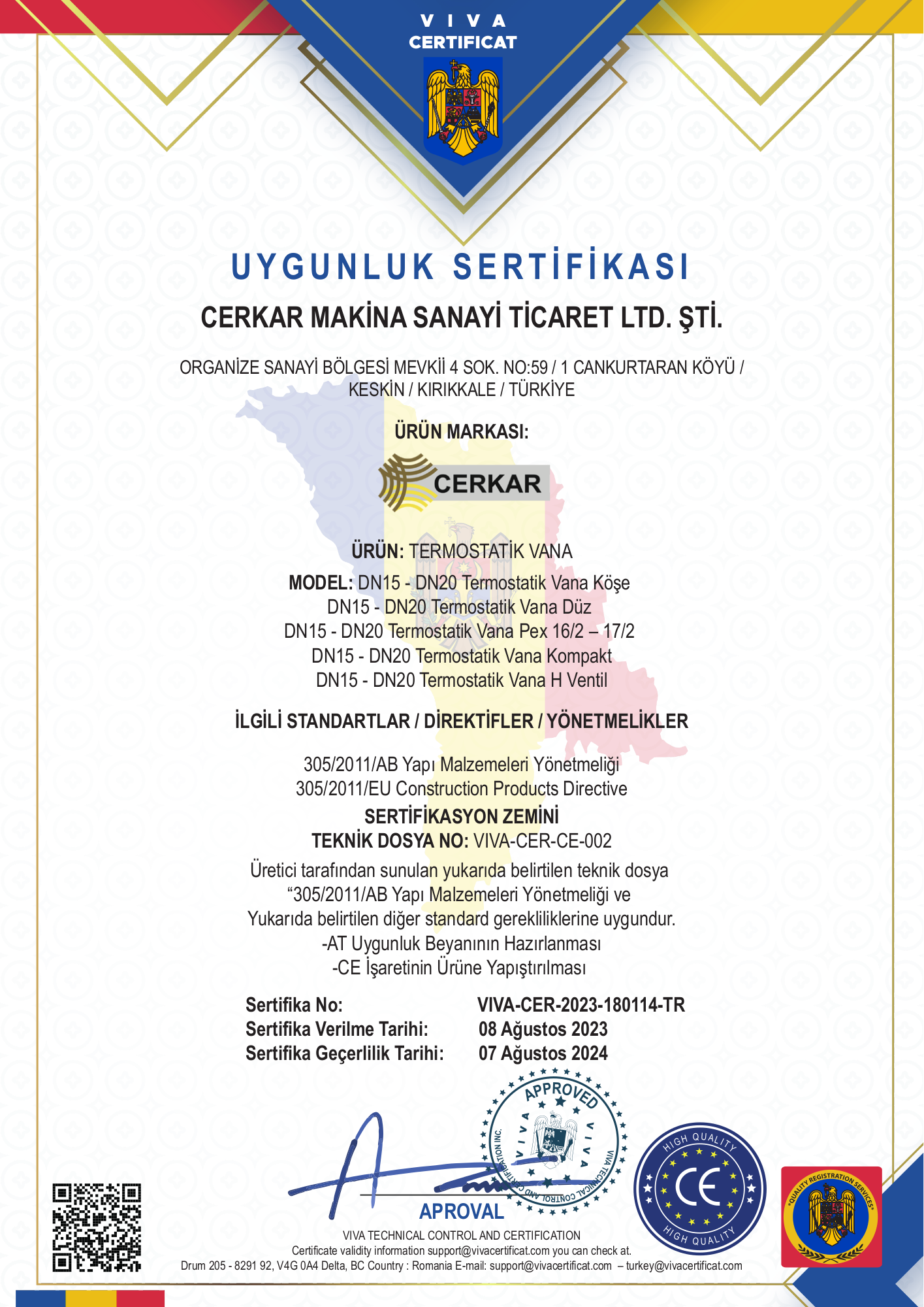 CE Uygunluk Sertifikası — VIVA-CER-2023-180114