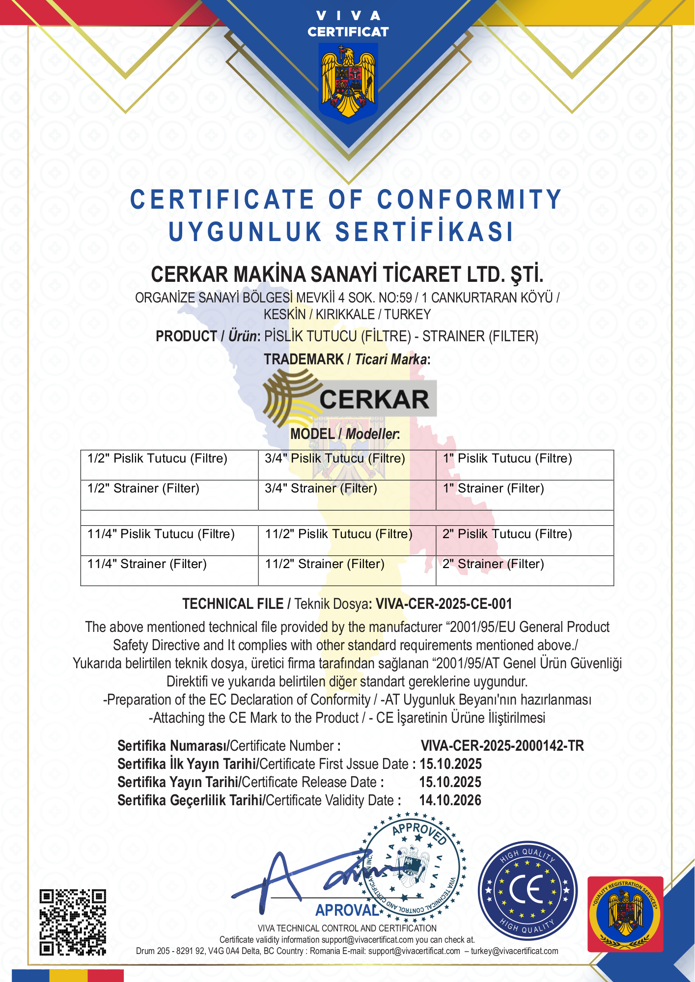 CE Uygunluk Sertifikası — VIVA-CER-2025-2000142